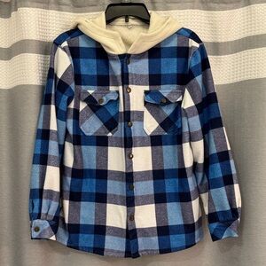 Men's Blue Plaid Hooded Shirt Jacket